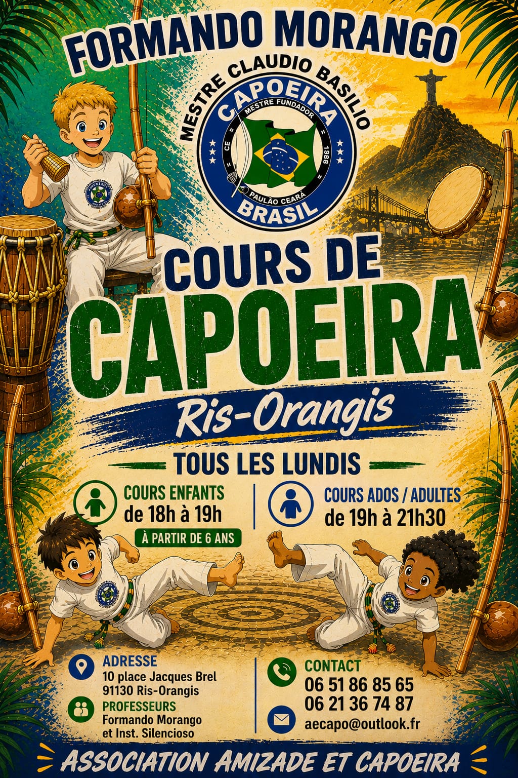 Affiche des cours de capoeira à Ris-Orangis, tous les lundis.